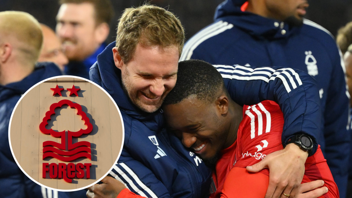 Antonio Dias of Nottingham Forest celebrates victory with Callum Hudson-Odoi of Nottingham Forest during the Emirates FA Cup Quarter Final. Inset, ...