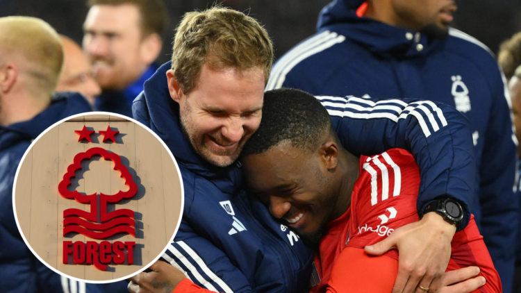 Antonio Dias of Nottingham Forest celebrates victory with Callum Hudson-Odoi of Nottingham Forest during the Emirates FA Cup Quarter Final. Inset, ...