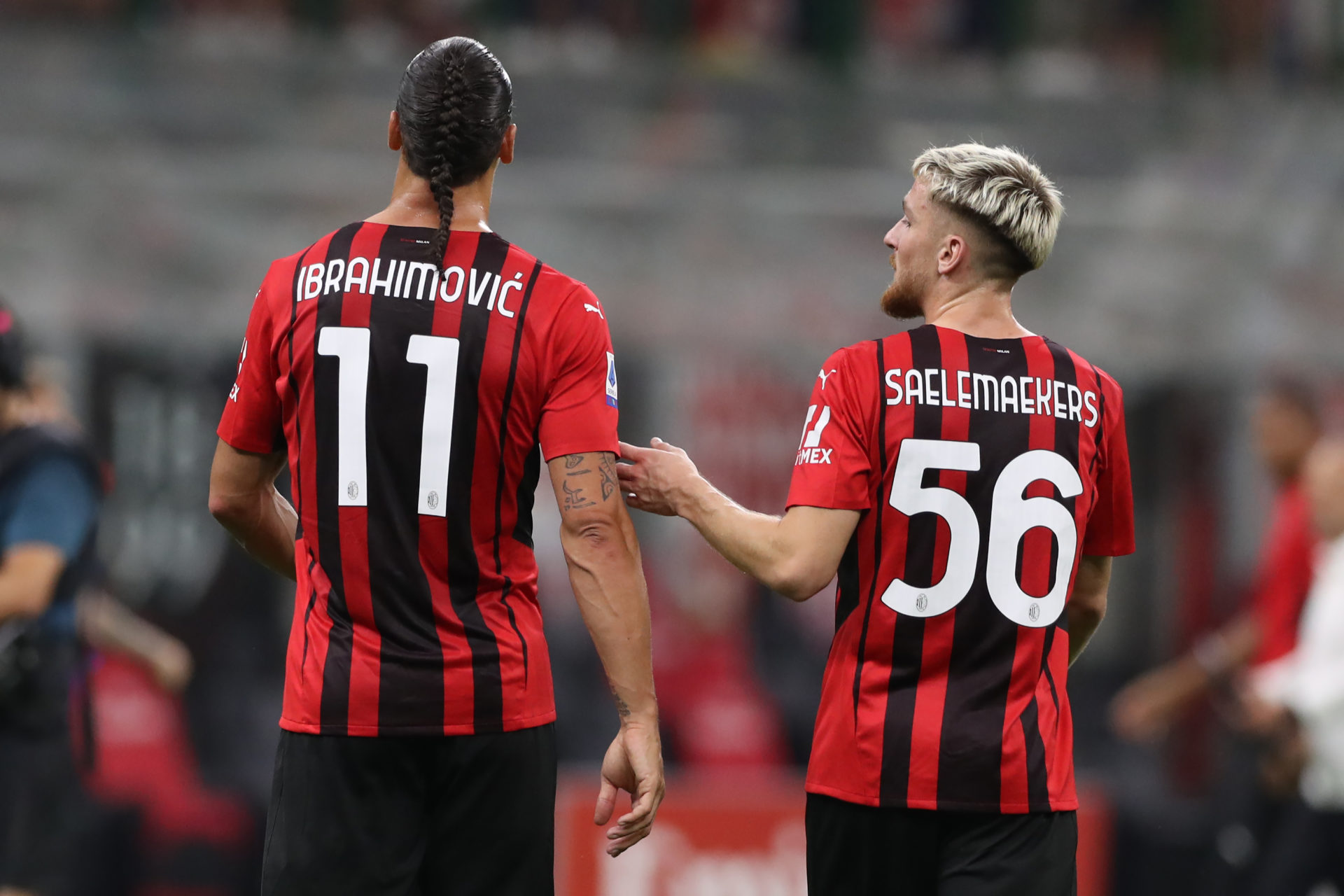 Zlatan Ibrahimovic of AC Milan and team mate Alexis Saelemaekers.