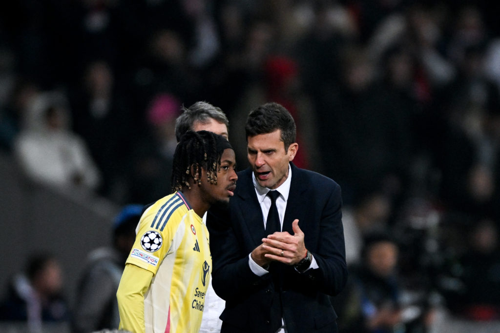 Samuel Mbangula and Thiago Motta during the UEFA Champions League 2024/25 League Phase match between LOSC Lille and Juventus