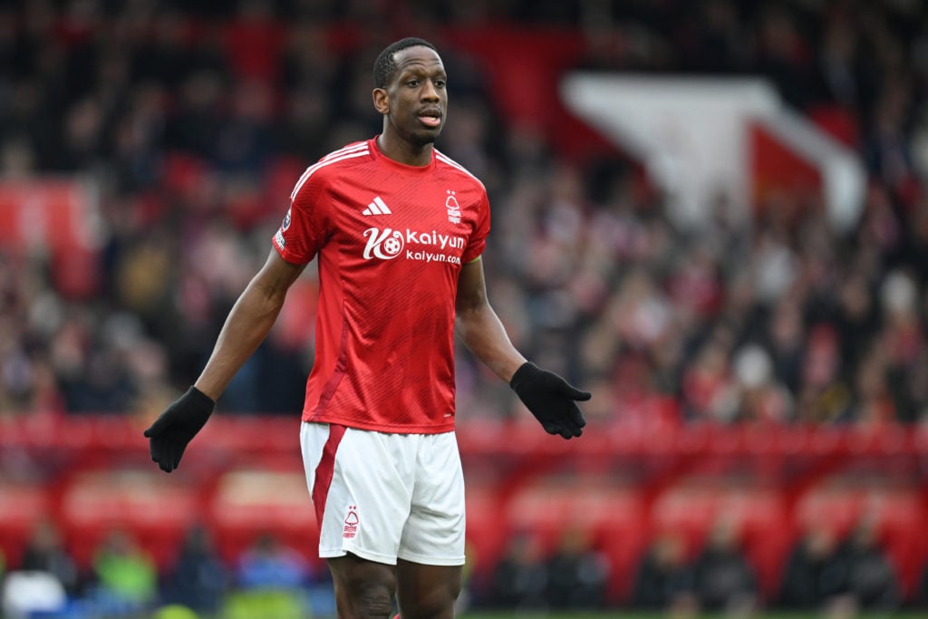 Nottingham Forest centre-back Willy Boly in action against Brighton.