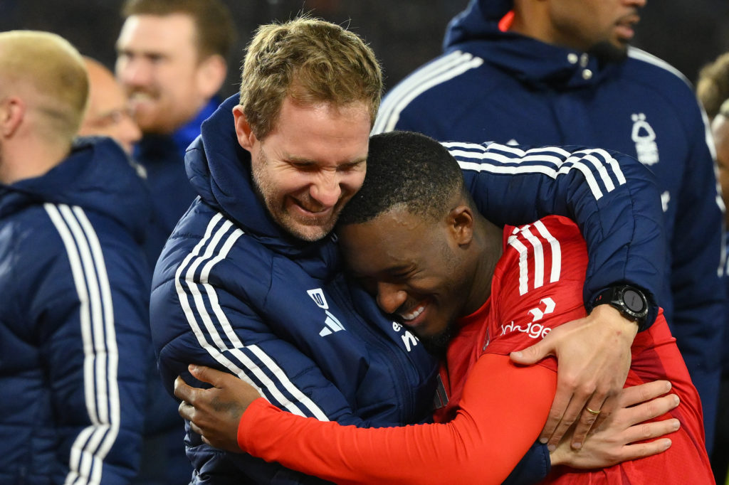 Antonio Dias of Nottingham Forest celebrates victory with Callum Hudson-Odoi of Nottingham Forest during the Emirates FA Cup Quarter Final