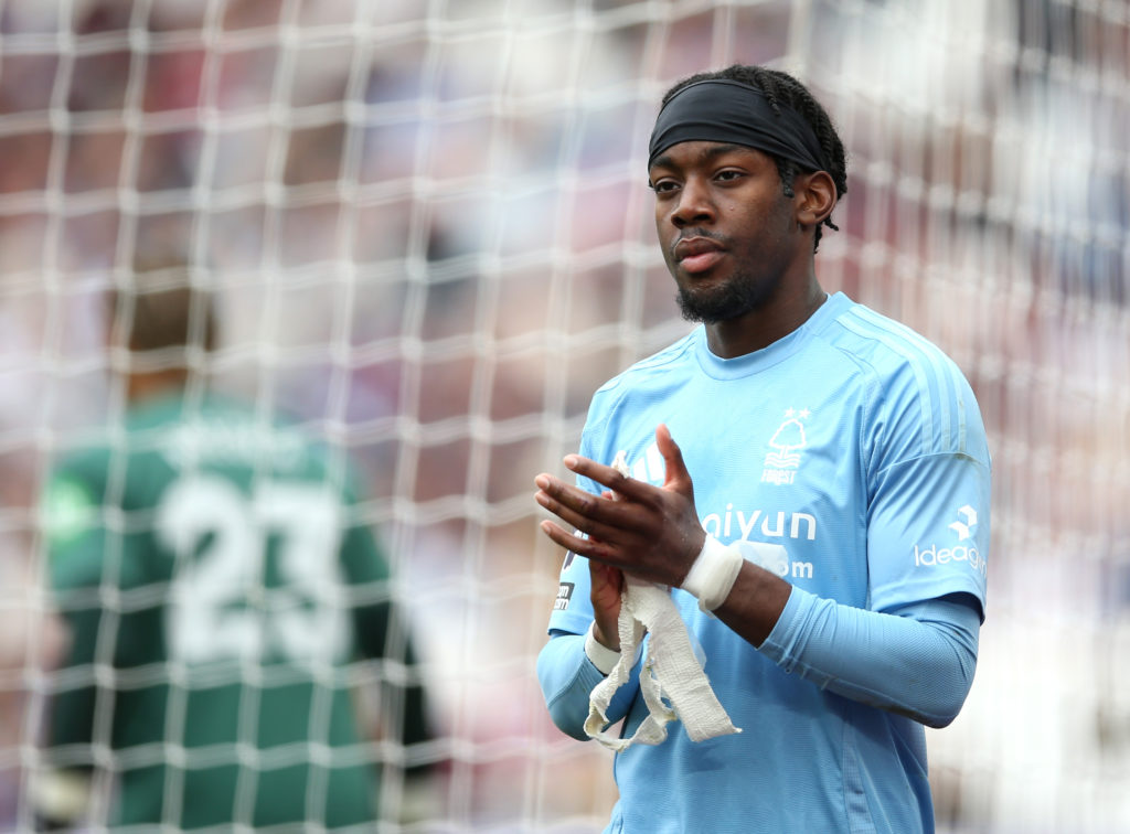 Anthony Elanga acknowledges the fans during the Premier League match between West Ham United and Nottingham Forest
