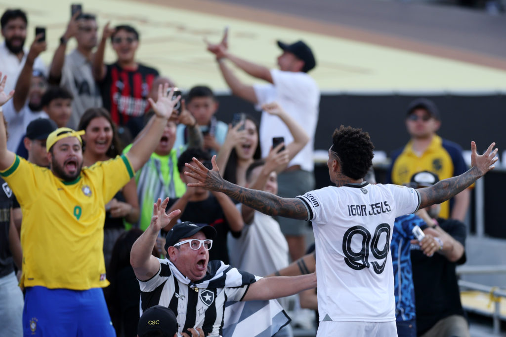 Igor Jesus celebrates scoring his team's only goal during the FIFA Club World Cup 2025 match between Paris Saint-Germain and Botafogo