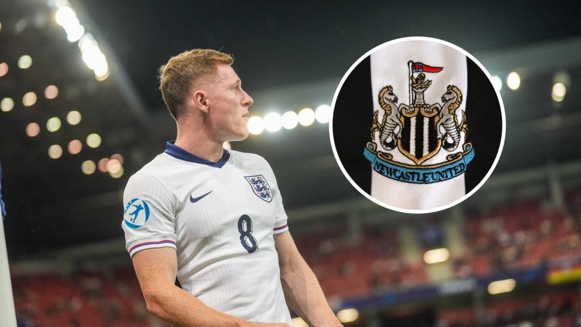 Nottingham Forest and England under-21 international Elliot Anderson. Inset of Newcastle United badge.