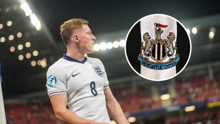 Nottingham Forest and England under-21 international Elliot Anderson. Inset of Newcastle United badge.