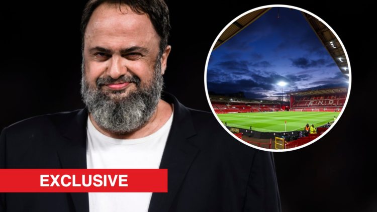 Evangelos Marinakis smiles after Olympiacos win the 2024 UEFA Conference League final. Inset: A general interior view of City Ground at night