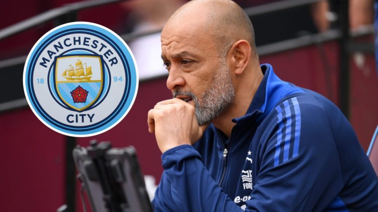 Nottingham Forest manager Nuno Espirito Santo. Inset of Manchester City badge.