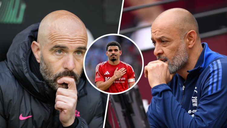 Split image of: Enzo Maresca of Chelsea looking on during the UEFA Conference League 2024/2025 match between Legia Warszawa and Chelsea and Nuno Es...