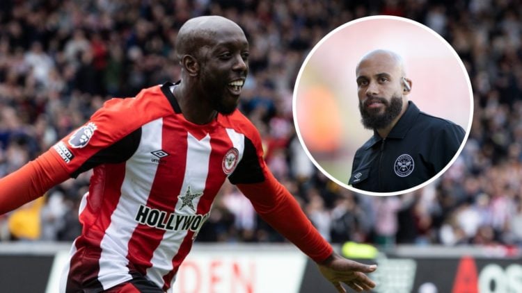 Yoane Wissa celebrates scoring for Brentford against Manchester United in the Premier League. Inset: Bryan Mbeumo arrives prior to the Premier Leag...