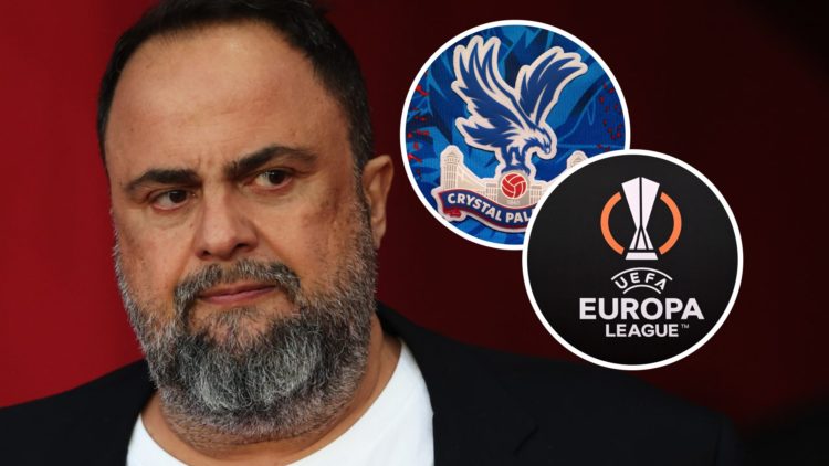 Evangelos Marinakis looks on prior to the Premier League match between Nottingham Forest FC and Manchester United FC. Insets: A detailed view of th...