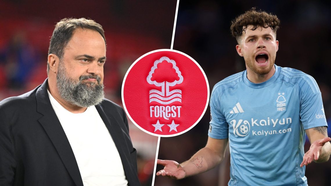 Split image of Evangelos Marinakis at the City Ground to watch Nottingham Forest face Liverpool and Neco Williams looking surprised during Crystal ...