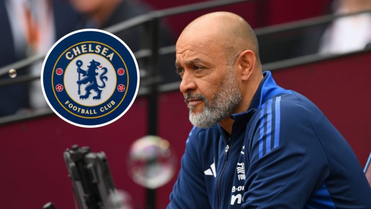Nottingham Forest manager Nuno Espirito Santo. Inset of Chelsea badge.