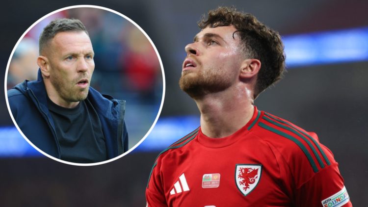 Neco Williams in action during Wales' UEFA Nations League game against Montenegro. Inset: Craig Bellamy prior to kick off in the FIFA World Cup 202...