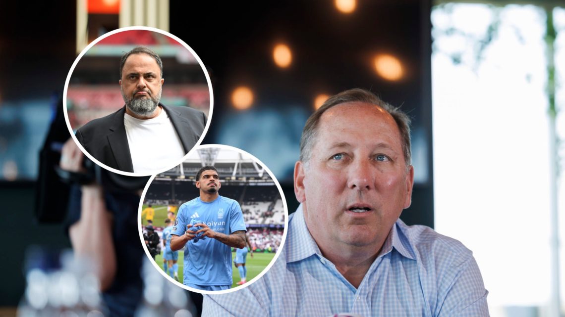 Main: Lyon owner John Textor and insets of Evangelos Marinakis and Morgan Gibbs-White