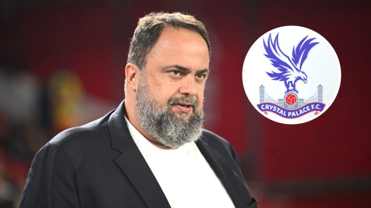 Nottingham Forest owner Evangelos Marinakis. Inset of Crystal Palace badge.