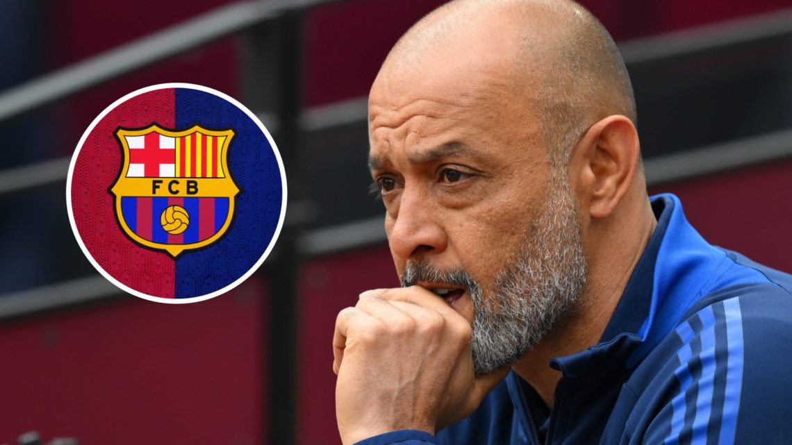 Nottingham Forest manager Nuno Espirito Santo. Inset of Barcelona badge.