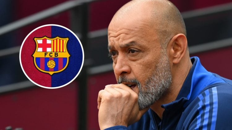 Nottingham Forest manager Nuno Espirito Santo. Inset of Barcelona badge.