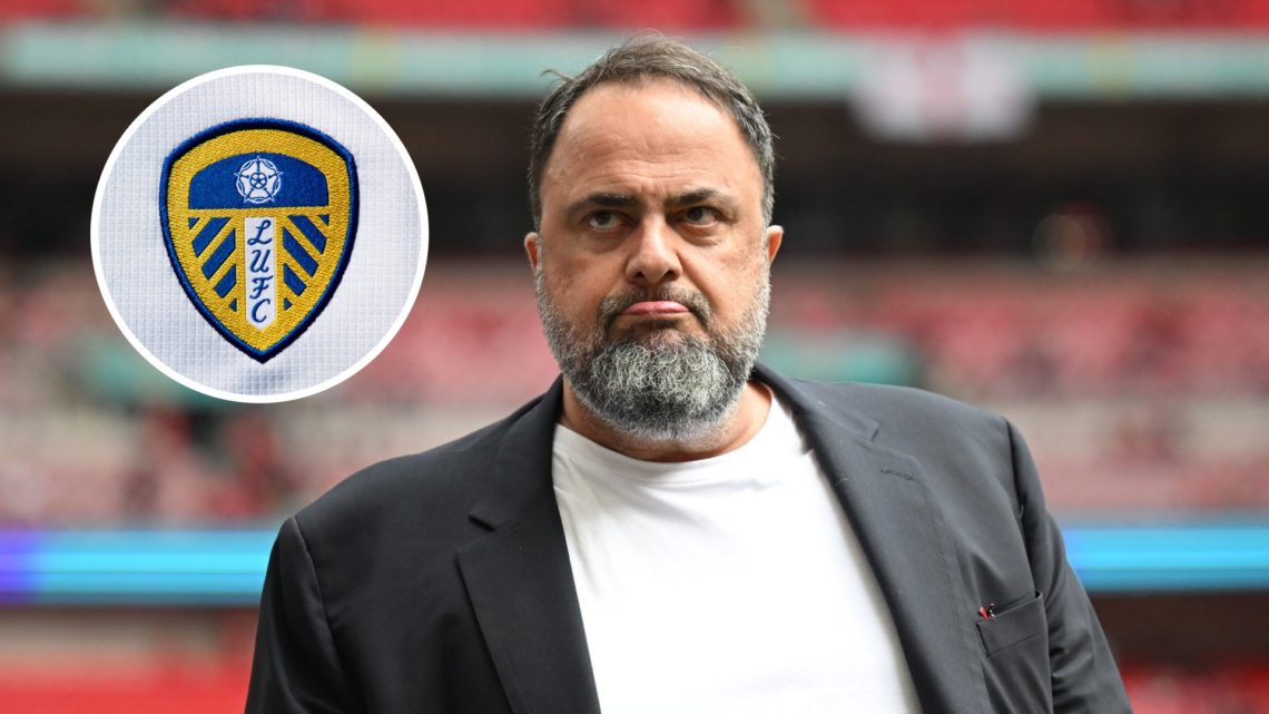 Nottingham Forest owner Evangelos Marinakis. Inset of Leeds United badge.