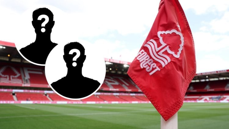 Main: A view of an empty City Ground from the Nottingham Forest corner flag. Inset: Two mystery players.