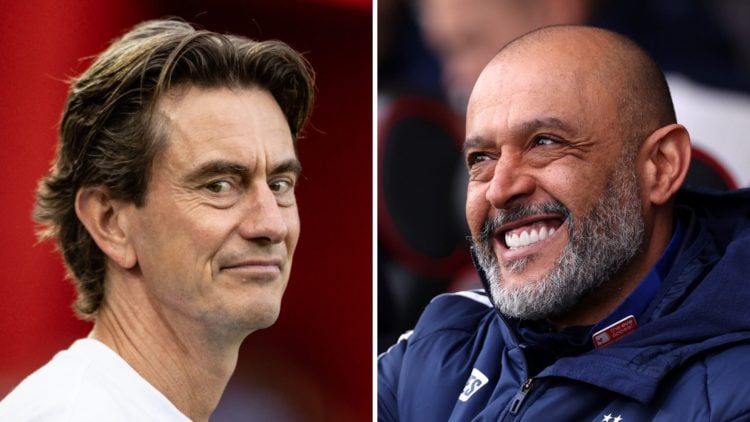 Left: Thomas Frank looks to the camera during Brentford's Premier League game at Nottingham Forest. Right: Nuno Espirito Santo smiles during Nottin...