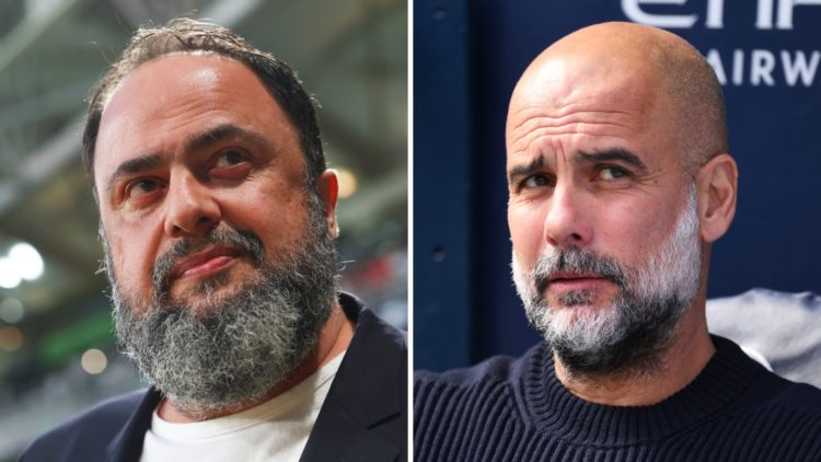 Nottingham Forest owner Evangelos Marinakis. Manchester City manager Pep Guardiola.