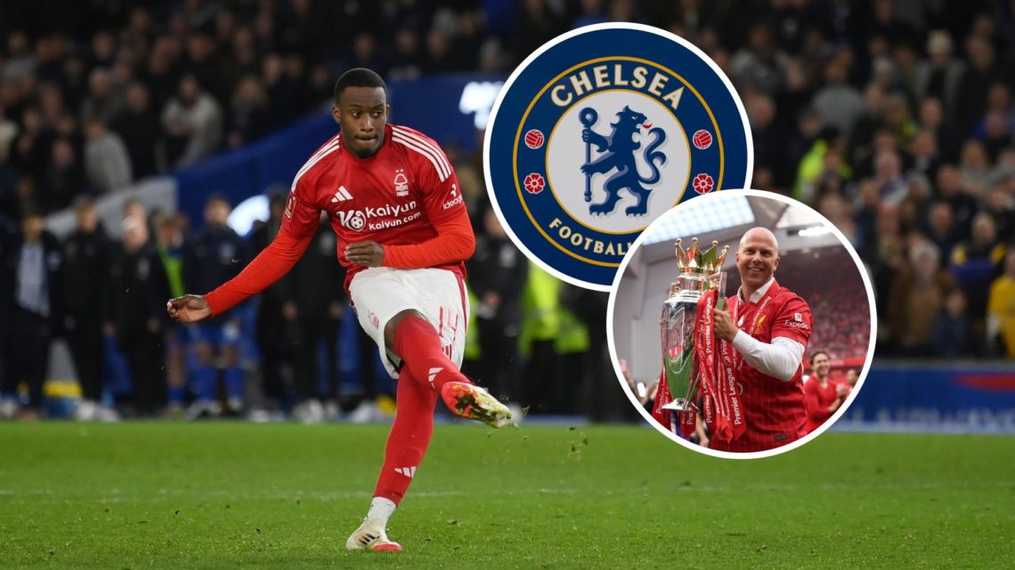 Main: Callum Hudson-Odoi scores penalty vs Brighton and Inset: Arne Slot (Bottom) and Chelsea crest (Top)