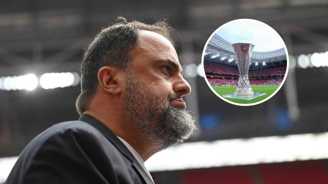 Main: Evangelos Marinakis prepares to watch Forest at Wembley and Inset: Europa League trophy