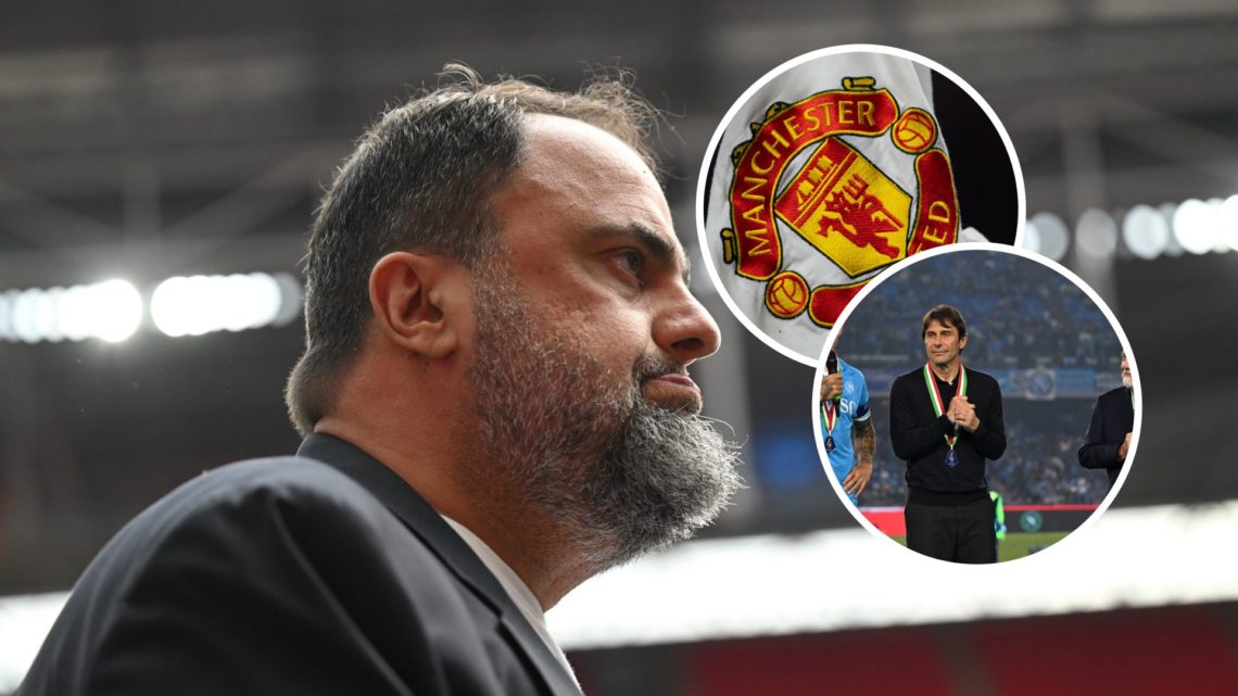 Main: Evangelos Marinakis and Insets: Manchester United crest (Top) and Antonio Conte (Bottom)