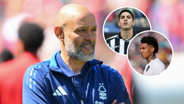 Nuno Espírito Santo watches on during the Premier League match between Nottingham Forest and Leicester City. Insets: Igor Jesus looks on during the...