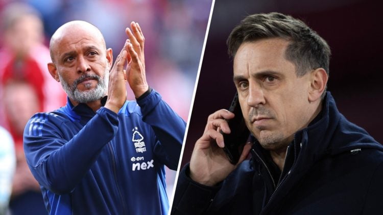 Split image of Nuno Espírito Santo applauding the fans after Nottingham Forest vs Chelsea and Gary Neville on the phone prior to West Ham United vs...