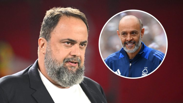 Evangelos Marinakis looks on prior to the Premier League match between Nottingham Forest and Liverpool. Inset: Nuno Espírito Santo prior to West Ha...
