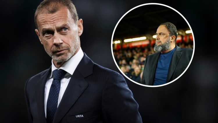 Aleksander Ceferin, president of UEFA, looking on during the award ceremony following the UEFA Conference League final. Inset: Nottingham Forest ow...
