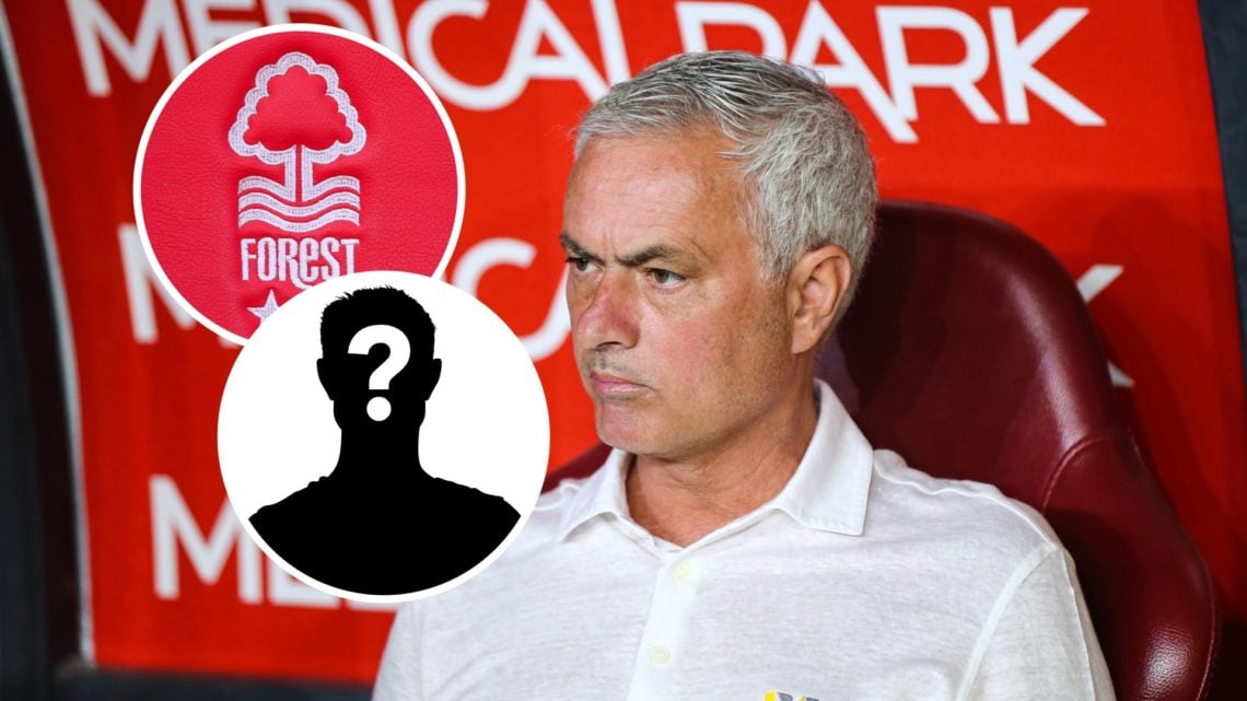 Main: Jose Mourinho watches his team and Inset: Crest of Nottingham Forest