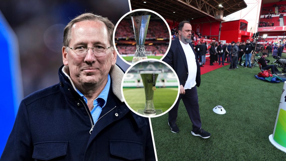 Left: Lyon owner John Textor and Right: Forest owner Evangelos Marinakis. Inset: UEFA Conference League trophy and Europa League trophy