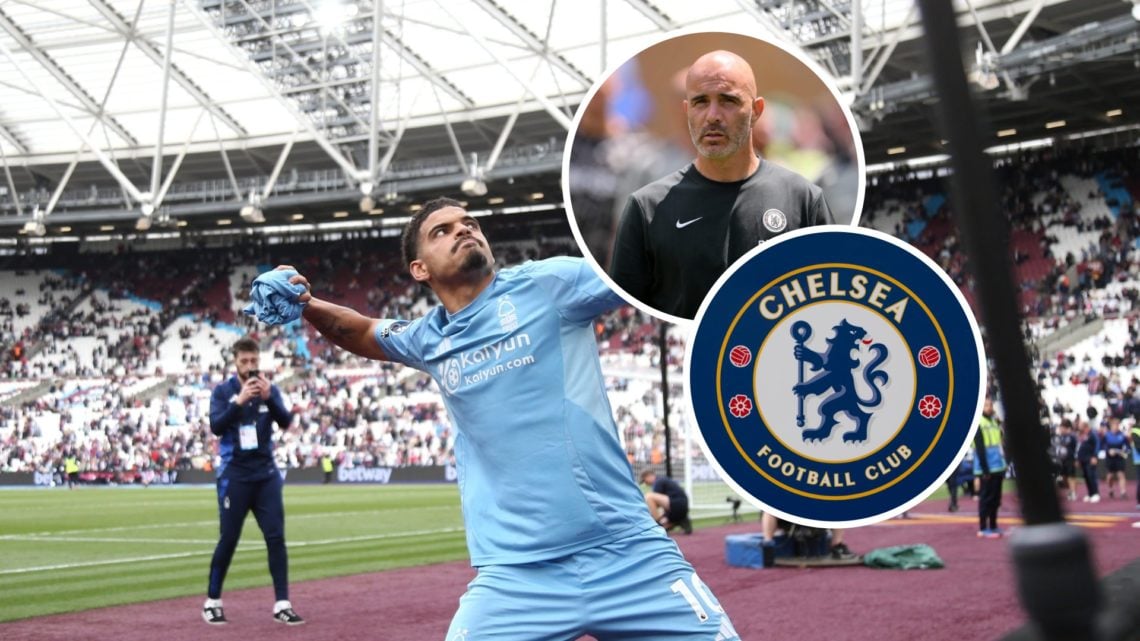 Main: Morgan Gibbs-White at West Ham away. Inset: Top: Enzo Maresca and Bottom: Chelsea club crest