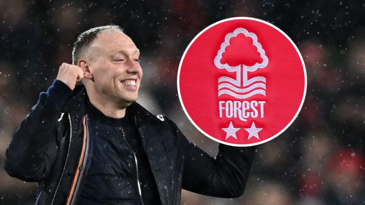 Steve Cooper celebrates after Nottingham Forest beat Wolverhampton Wanderers in the Carabao Cup. Inset: The club crest of Nottingham Forest