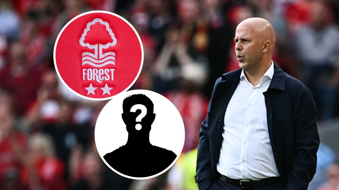 Arne Slot looks on and an inset of the Forest club crest.