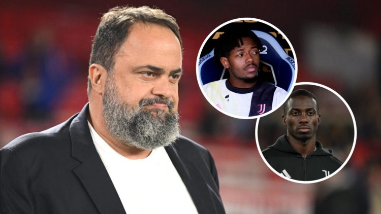 Evangelos Marinakis ahead of Nottingham Forest vs Liverpool at the City Ground. Insets: Samuel Mbangula looks on during the Serie A Enilive match b...
