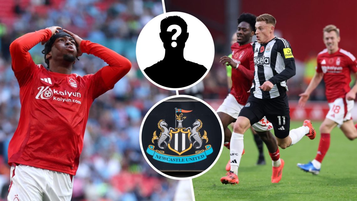 Left: Anthony Elanga plays for Forest at Wembley and Left: Harvey Barnes in action vs Forest. Inset: Newcastle club crest