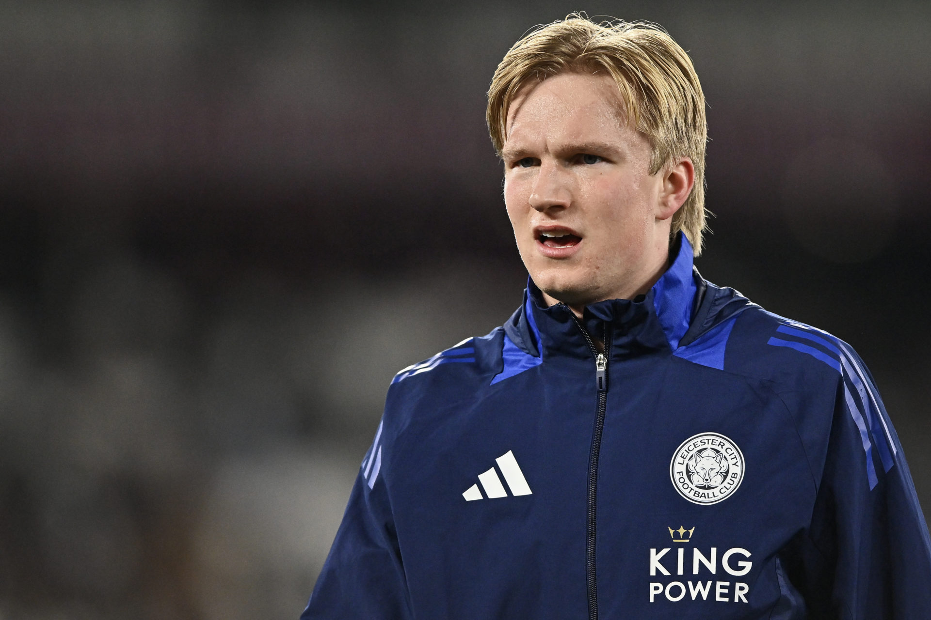 Victor Kristiansen warms up ahead of West Ham United vs Leicester City