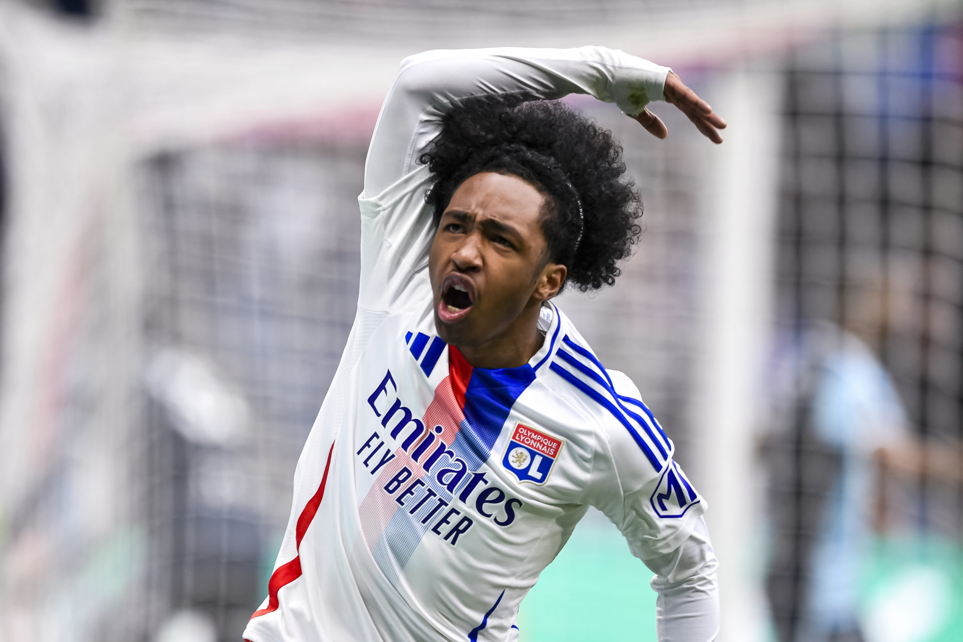 Malick Fofana celebrates scoring for Lyon against Le Havre