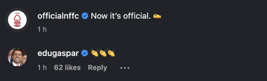 Edu Gaspar reacts as Nottingham Forest announce the signing of Dan Ndoye.