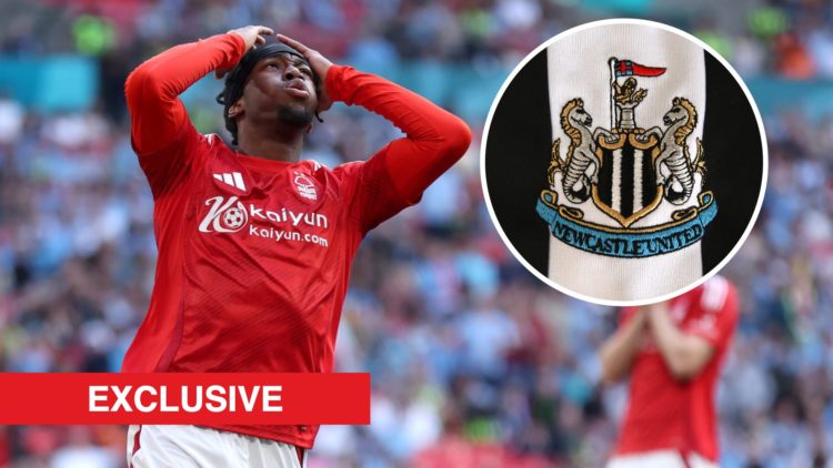 Anthony Elanga reacts to a missed chance during the Emirates FA Cup Semi Final match between Nottingham Forest and Manchester City. Inset: A detail...