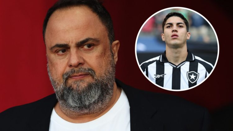 Evangelos Marinakis looks on prior to Nottingham Forest vs Manchester United. Inset: Jair Cunha looks on before the FIFA Club World Cup 2025 match ...