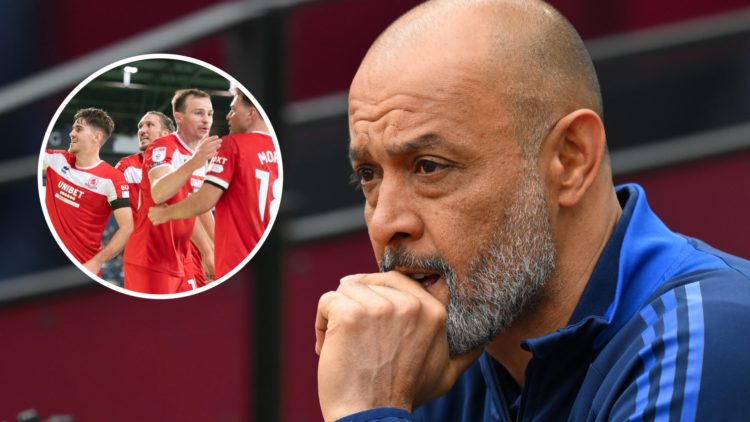 Nottingham Forest manager Nuno Espirito Santo. Inset of Hayden Hackney with his Middlesbrough teammates.