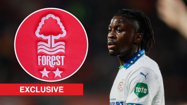 Johan Bakayoko looks on during the Eredivisie match between FC Twente and PSV Eindhoven. Inset: A detailed view of the Nottingham Forest crest