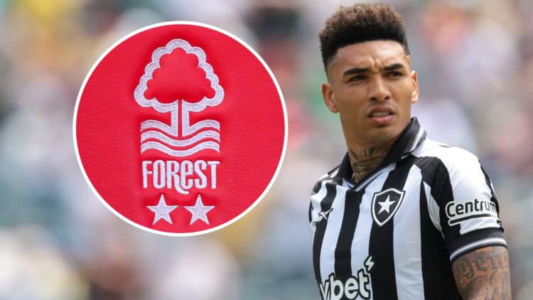 Igor Jesus lines up for Botafogo prior to their FIFA Club World Cup clash with Palmeiras. Inset: The club crest of Nottingham Forest