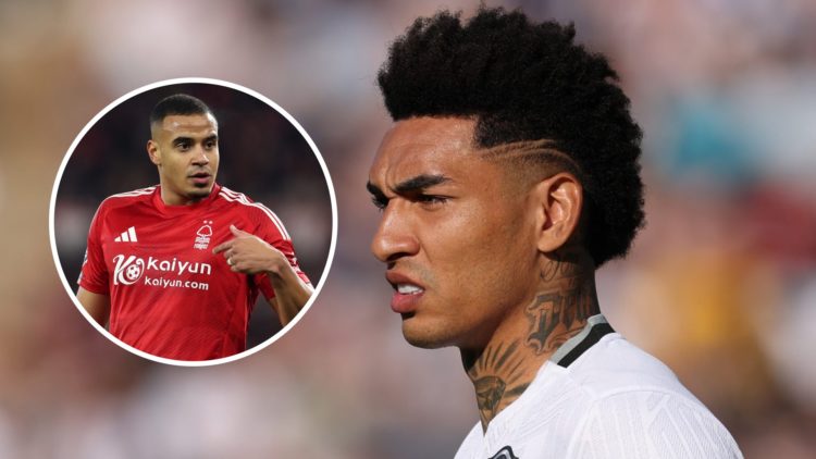 Igor Jesus looks on during the FIFA Club World Cup 2025 match between Paris Saint-Germain and Botafogo. Inset: Murillo in action for Nottingham For...