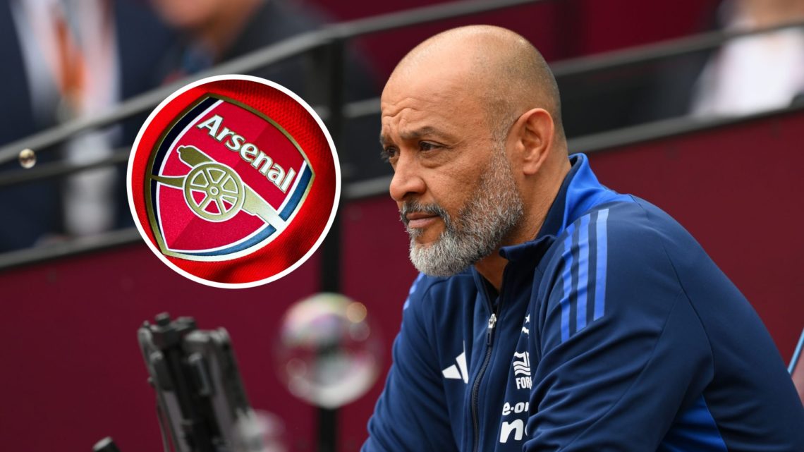 Main: Nuno Espirito Santo watches Forest against West Ham and Inset: Arsenal club crest.